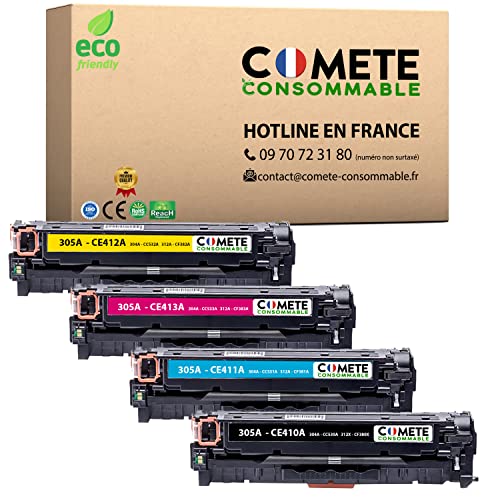 COMETE, Marca Francesa - 305A - 4 Cartuchos de Tóners Compatibles con HP 305A HP CE410A CE411A CE412A CE413A para HP LaserJet Pro 400 Color MFP M475DN M475DW M451NW - 1 Negro y 3 Color