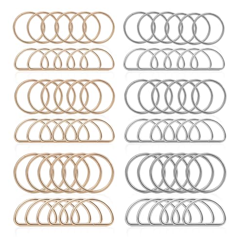 Roosea 72 Stück Runde Karabiner, Schlüsselanhänger Ringe, Halbrunder D-Ring und O-Ring Taschenringe Silber Gold Taschenzubehör für Tasche Schnalle Gurte 20mm 25mm 32mm