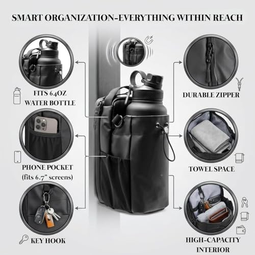 Image of Magnetic Gym Bottle Holder Bag with Storage Pockets, Zippered Compartments & Phone Mesh Pocket - Water Bottle Carrier for Gym Rack, Locker, Car and Fitness Equipment | Holds up to 3 kg