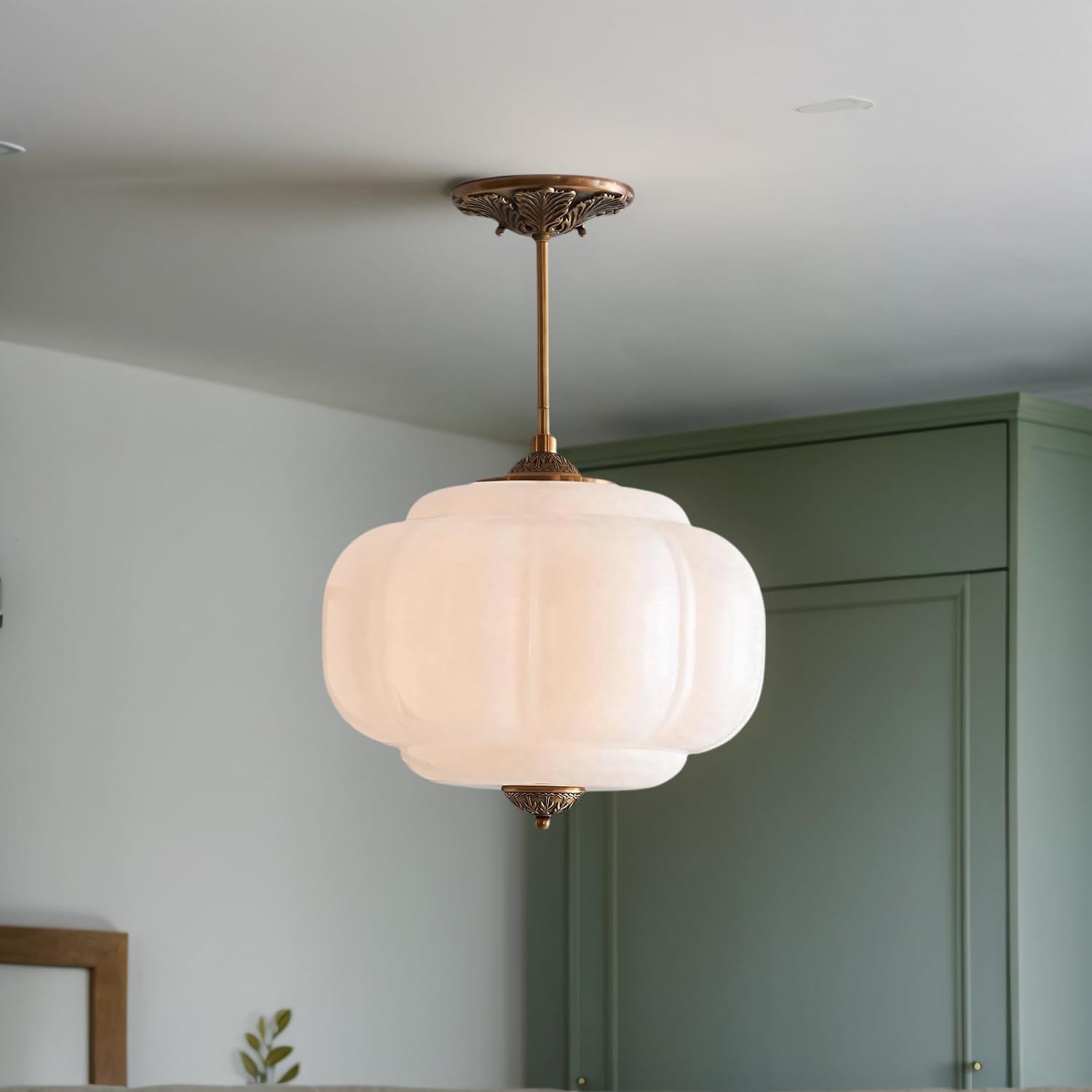 Bofea-Vintage Gold Milk Glass Pendant Light Fixture,15" White Pleated Glass Chandelier,Antique Pendant Lights Kitchen Island, Semi-Flush Mount Ceiling