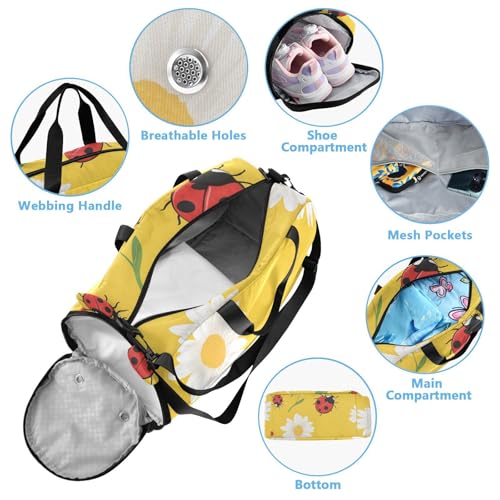 Ladybugs Daisies and Leaves Pattern Gym Travel Duffel Bag with Shoe Compartment for Boys Girls - Gymnastics Sports Dance Football Travel Bag Teens Weekender Sleepover4