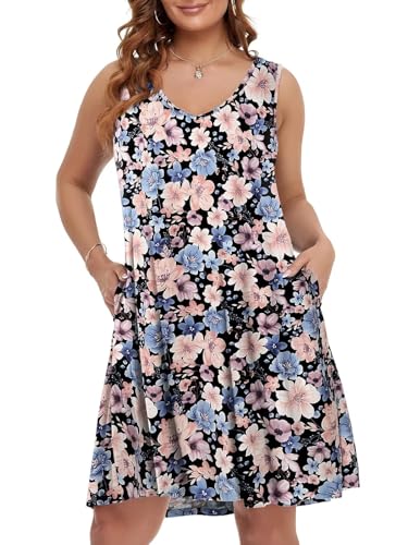 Image of BELAROI Women Casual Summer Beach Dresses Plus Size Sundress V Neck Pockets Swing Tank Dress Cover Ups