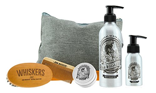 Bartpflege Set Made in Germany von John Whiskers  Bartwachs, Bartbürste, Bartöl, Bartkamm und Bartshampoo in praktischem Kulturbeutel  Hochwertiges Bartpflegeset als Geschenk für Männer