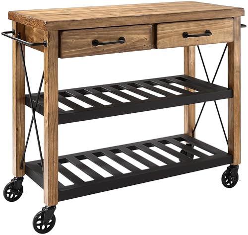 Crosley Furniture Roots Rolling Cart and Kitchen Island, Microwave Stand, with Storage Shelves and Drawers, Natural