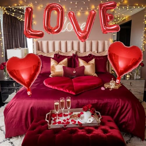 Image of Love Balloons Banner and Heart Shaped Balloon, Love Balloons Decorations for Him Her I Heart You Valentines Day Balloon for Valentine Day Romantic Wedding Anniversary Engagement Party Supplies