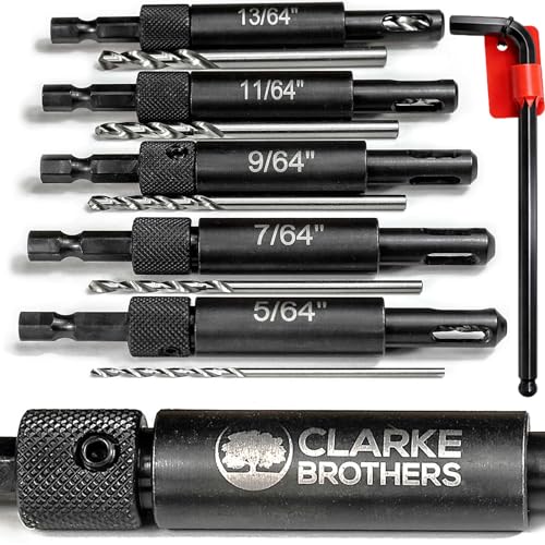 Clarke Brothers Self-Centering Drill Bit Set 5-Pack Assorted Sizes Center Drill Bit Set with Hex Key Storage Case and Replacement Heavy-Duty Steel Drill Bits for Wood Working Hinges Hardware