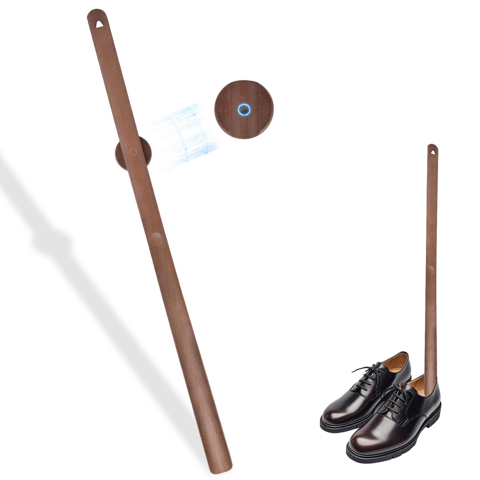 75 cm Magnetischer Schuhlöffel Holz mit Wandhalterung, extra langer Griff, bückenfreies Anziehen, besonders geeignet für Schwangere und Senioren, Walnuss-Optik