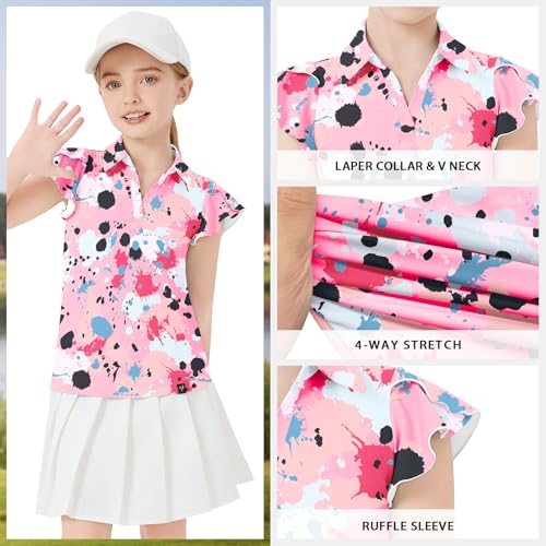 Image of Soneven Girls Ruffle Sleeve Polo Shirts V-Neck Golf Tennis T-Shirts Uniform Shirts Quick Dry for 4-14 Years