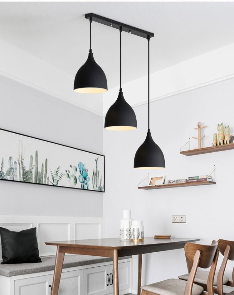 Image of GreyWings Modern Triple Black Dome Pendant Hanging Light for Ceiling, Aluminium, Drop, Antique Decor, (Bulb is not Included) White, 3 Lamp Linear Set