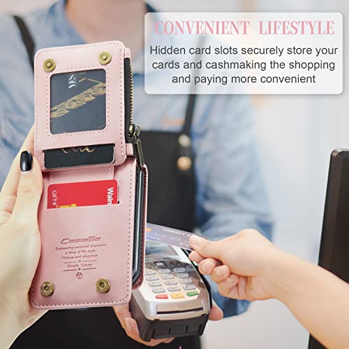 Wefor Samsung Galaxy Z Flip 4 (2022) Wallet Case With Strap Pu Leather Phone Case With Rfid Blocking Card Holder Wristlet Crossbody Metal Grip Holder Finger Stand Ring Cover (Pink) #TOP4