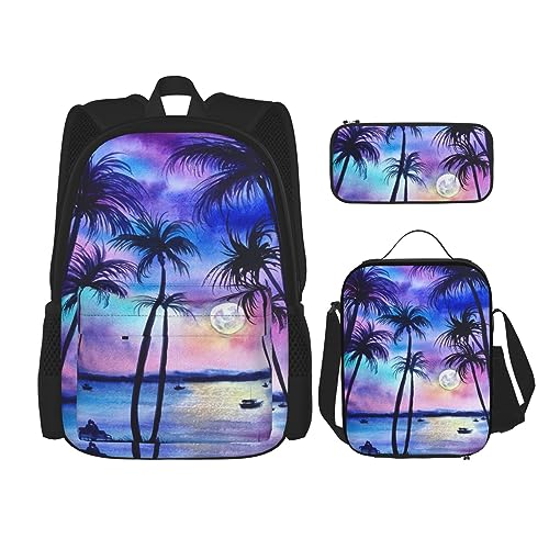 Set da 3 pezzi zaino e regolabile borsa termica per il pranzo e astuccio per matite Motivo palma taglia unica leggero