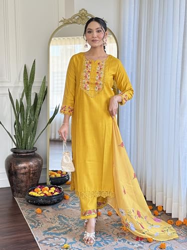 Image of Naixa Women's Cotton Embroidered Straight Kurta with and Dupatta Sets (SC-Saylee)