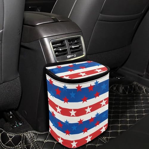 Image of Talayituse American Flag Star Print Car Trash Can with Lid, 4th of July Leak Proof Auto Trash Bag Hanging Vehicle Garbage Can Multipurpose Storage Container for Back Seat Road Trip