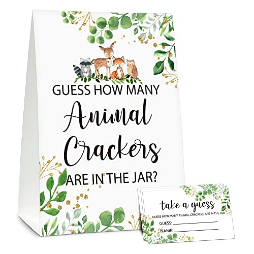 DETIHO Woodland Guess How Many Animal Crackers are in The Jar Baby Shower Game Cards,Jungle Safari Theme Baby Shower Games-1 Sign and 50 Cards- Baby Shower Party Decoration Supplies-C09
