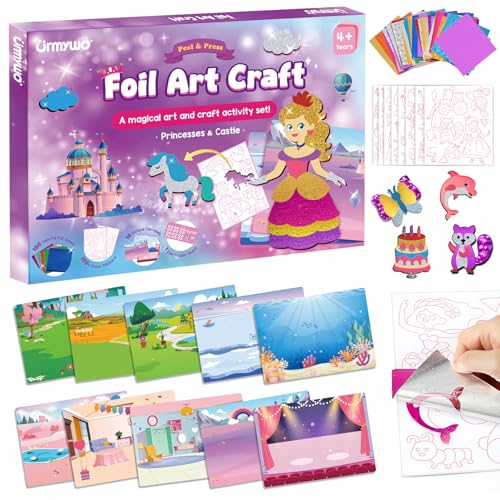 URMYWO Folienspaß Kinder, Prinzessin Foil Art FüR Kinder,Bastelsets FüR MäDchen Alter 3-10,DIY-AktivitäT Kits Reise Spielzeug Weihnachten Geburtstag Ostergeschenke (Mehrfarbig)