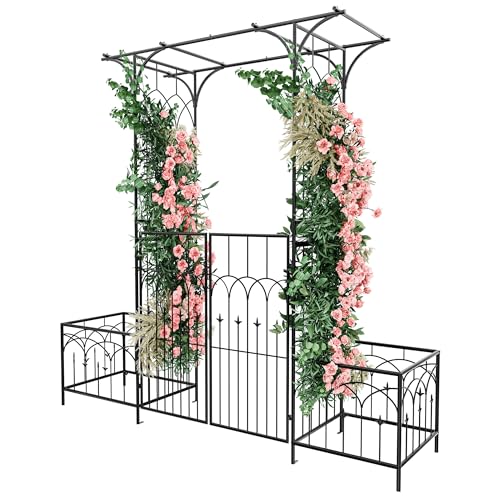 Ultym Garden Arbor with Gate and Planter Boxes 79 W x 81 H Metal Garden Arch for Climbing Plants Outdoor Wedding Arches for Ceremony Garden Arbors and Arches for Lawn Patio Backyard