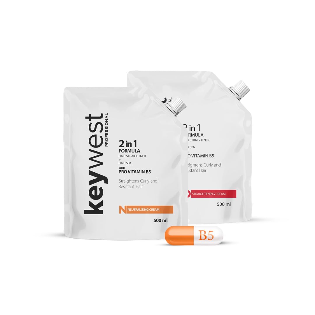 Keywest Professional Hair Straightening + Neutralizing Cream - 500ml Each (Pack of 2) | Straightens Curly & Resistant Hair | Enriched with Pro Vitamin B5