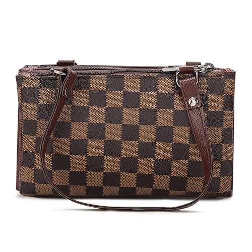 Image of AVERAA Women's 3-Compartment Checkerboard Sling Bag | Premium Faux Leather Crossbody Handbag with Adjustable Long Strap & Double Top Handles | Stylish Messenger Bag for Office, Travel & Casual Use