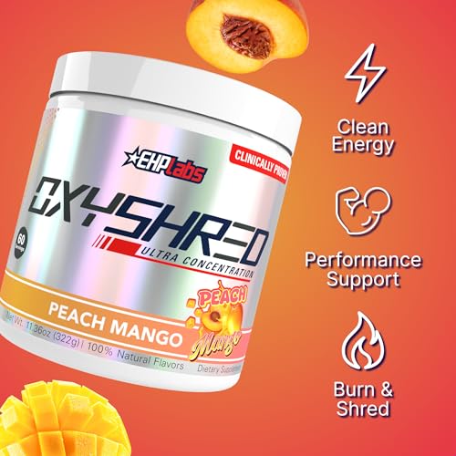 Image of EHP Labs OxyShred Pre Workout Powder - Preworkout Powder with L Glutamine & Acetyl L Carnitine, Energy Boost Drink - Peach Mango, 60 Servings