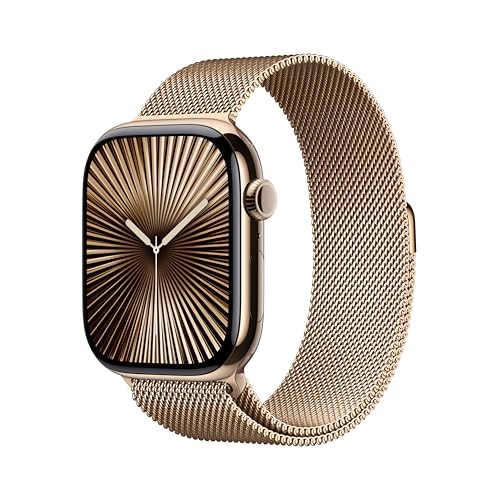 Image of Apple Watch Series 10 [GPS + Cellular 46 mm] Smartwatch with Gold Titanium Case with Gold Milanese Loop - S /M. Fitness Tracker, ECG App, Always-On Retina Display, Carbon Neutral