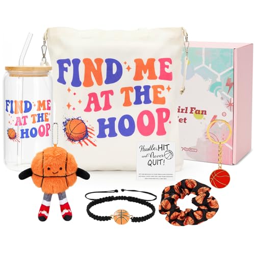 Defresit Basketball Gifts for Girls - 7PCS Basketball Accessories Gift with 16oz Glass Cup Tote Bag Bracelet & Plush Keychain Inspirational Birthday & Graduation Gifts for Players Sports Lover