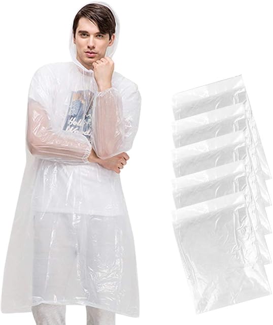 XCOZU Disposable Rain Poncho Waterproof, Adult Emergency Disposable Clear Poncho with Drawstring Hood, Perfect for Festivals, Camping, Theme Parks, Hiking, Outdoor Activities(5 Pack)
