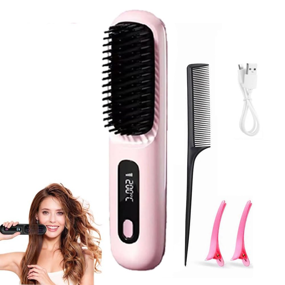 Clinora - Spazzola lisciante per capelli corti, senza fili con indicatore LED, spazzola lisciante e spazzola per lo styling, 3 livelli di temperatura, per capelli lisci, ricci e asciutti, portatile