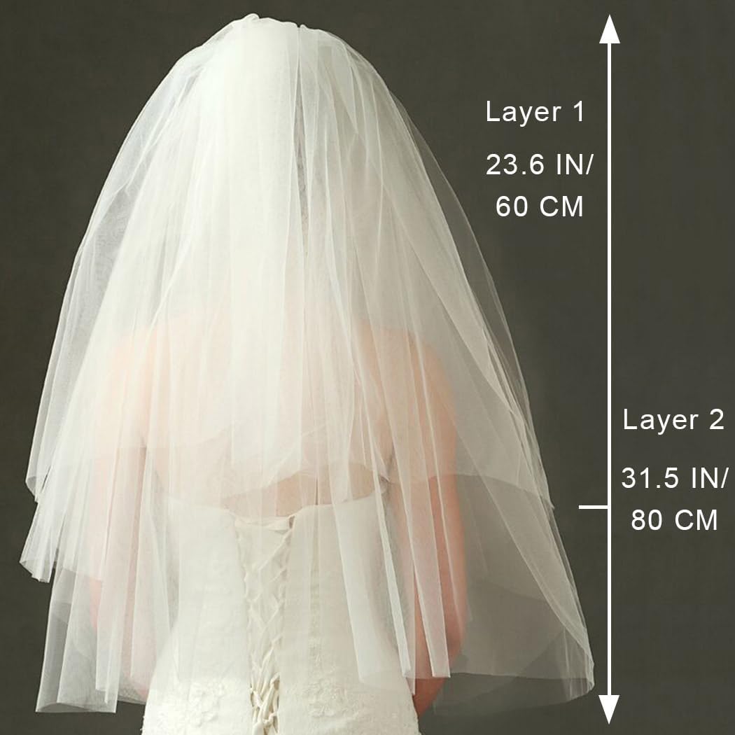 Bridal Wedding Veils Short 2 Tier White Tulle Blusher Veil with Comb Bride Hair Accessories for Women (White) - Image 6