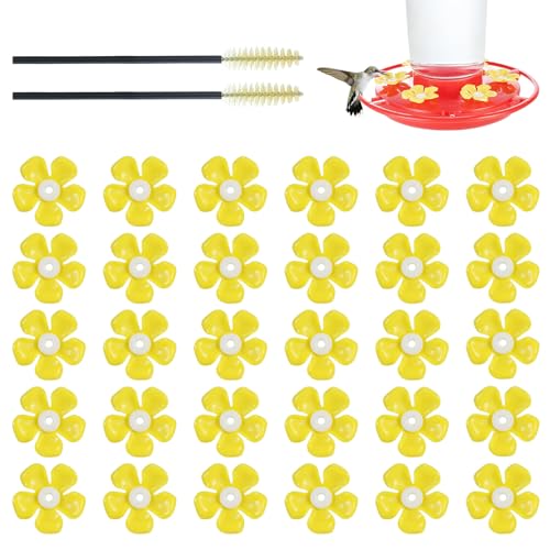30 Hummingbird Feeder Replacement Flowers - Bee-Proof Plastic Blossoms, Fits 0.24'-0.28' Holes, Includes 2 Brushes for Easy Cleaning