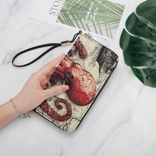 Octopus on Vintage Nautical Maps PU Leather Clutch Long Bifold Wallet, Coin Purse Credit Pass Case, Durable Card-Holder Money Storage for Women Men4