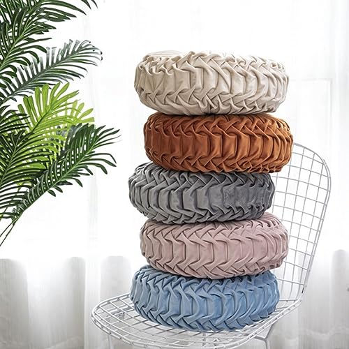 Coussin rond plissé en velours marron, finitions haute couture - 2