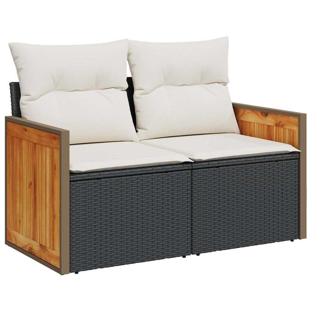 Set lounge modulare in polyrattan e acacia, 7 pezzi, colore nero, con cuscini e vano portaoggetti