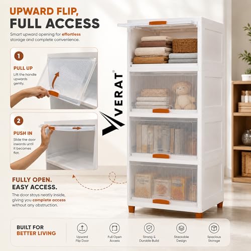 Image of VERAT 4 Tier Cupboard for Storage /Stackable Plastic Storage Cabinet /Foldable Wardrobe for Clothes /Multipurpose Storage Organizer /Closet for Bedroom /Living Room /Kitchen (Transparent & White)