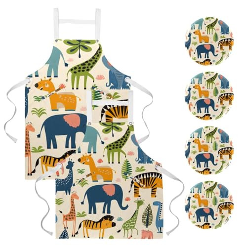 Lot de 2 tabliers de cuisine avec 4 broches motif animal du zoo
