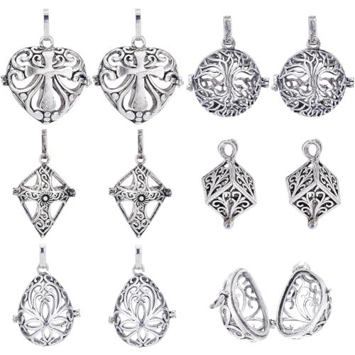 SUNNYCLUE 10Pcs Locket Cage Charms Crystal Necklace Holder Silver Brass Cage Charm Pendants Cube Shape Tree of Life Openable Cross Hollow Chime Ball Pendant for jewellery Making