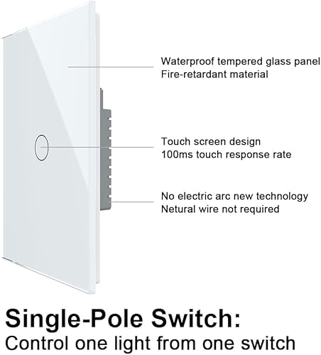 Miniatura 5 de LIVOLO - Interruptor de luz (no neutral), con panel táctil de vidrio templado, luz indicadora, interruptor táctil moderno de pared