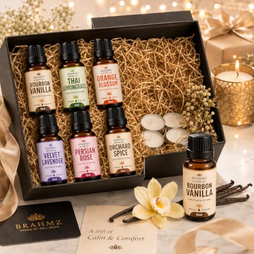 Image of BRAHMZ Aroma Oil Gift Set (10ml x 6) with 6 Tealight Candles | Home Fragrance Oils for Diffusers, Ceramic Oil Burners & Potpourri | Persian Rose, Lavender, Vanilla, Lemongrass, Orange Blossom & Orchard Spice
