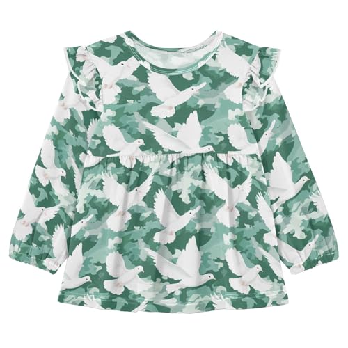 White Dove Green Camouflage Girls Shirts Cotton Long Sleeve Ruffle Toddler Tee Tops