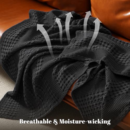 Image of PHF 100% Cotton Waffle Throw Blanket for Couch, Lightweight Breathable and Soft for Summer, Luxury Aesthetic Waffle Weave Blanket for Home Decor & Office, Gifts for Women, 50 inchx60 inch, Black
