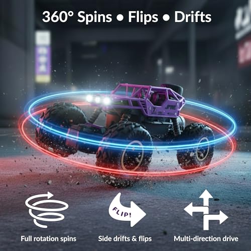Image of Lilplay Monster Truck | Rechargeable Remote Control Car for Kids | Rock Crawler 5 Function 1:18 RC Car with Smoke | Offroad High Speed Rock Climbing Toys for Boys (Purple)