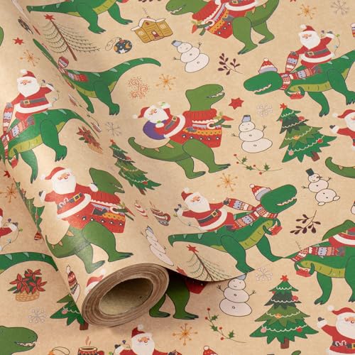 RUSPEPA Kraft Christmas Dinosaur Wrapping Paper Roll Mini Roll Santa Claus Riding T-Rex Design Kraft Gift Wrap for Kids and Adults Fun Holiday & Xmas Party Gift Packaging 17 Inches x 16.4 Feet