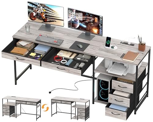 YOSHOOT 60' Computer Desk with 5 Fabric Drawers - Gaming Desk with Storage and Power Outlets, Home Office Desk for Adults and Teenagers Working Writing Study, Grey