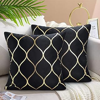 Hanrunsi Velvet Cushion Cover Black Throw Pillow Covers with Gold Lines Square Decorative Cushion Case Soft for Home Sofa Living Room Bedroom 18x18 Inch 45x45 cm Pack of 2