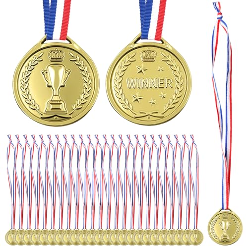 Aicharynic Lot de 100 médailles de vainqueur pour enfants - Médailles dorées en plastique avec colliers - Pour anniversaire d'enfant - Pour l'école, le...