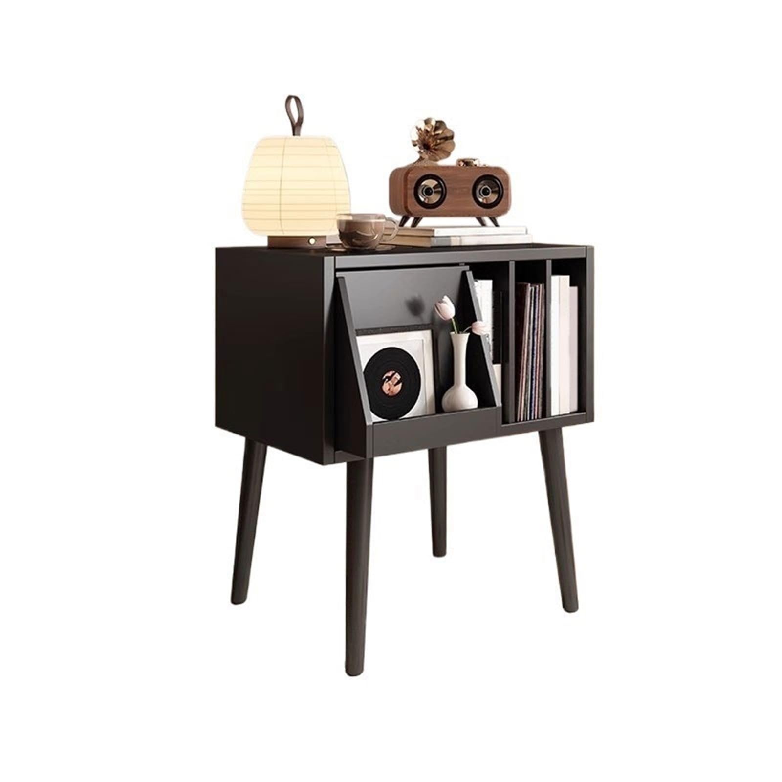 Huangj-0527 CD storage Retro CD Display Cabinet with Concealed Drawer Wooden Vinyl Record Storage Shelf Record(Black)