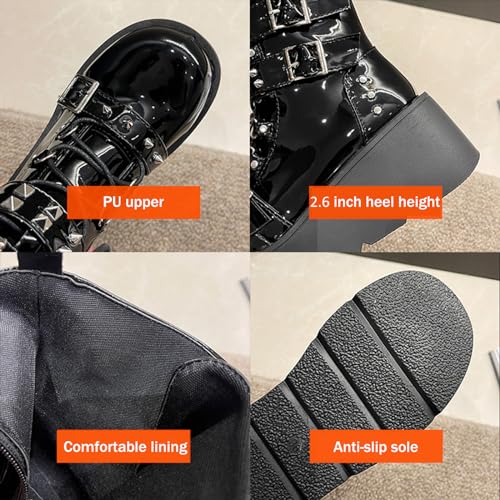Women Goth Platform Lace Up Ankle Boots with Rivet Buckle Strap,Fashion Round-Toe Side Zipper Multi Band Punk Motorcycle Combat Booties2
