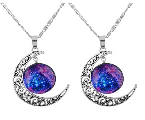 MJARTORIA Damen Halskette Retro Silber Farbe Freundschaftsketten Halbmond Runder Stern Moonlight Anhänger Kette Geschenkset 6 Stück/2 Stück (2 PCS#01)
