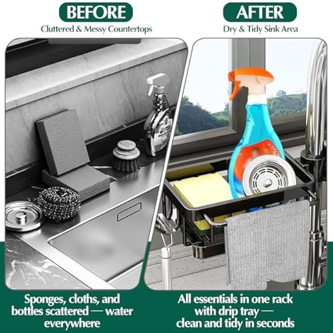 Sponge Holder for Kitchen Sink, Adjustable Over Faucet Sink Caddy Organizer Rack with Tray & Towel Hook, Fits Round Pipe, Includes Sponge & Steel Scrubber