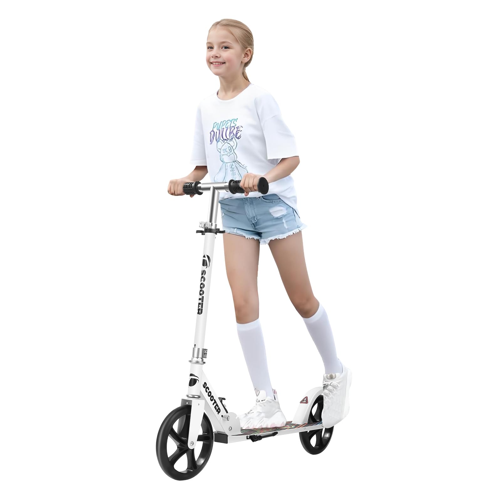 Scooter for Kids Ages 8-12,Adjustable Foldable with Carry Strap and Rear Brake|200mm Big Wheels City Scooter for Kids Ages 6+ (White)
