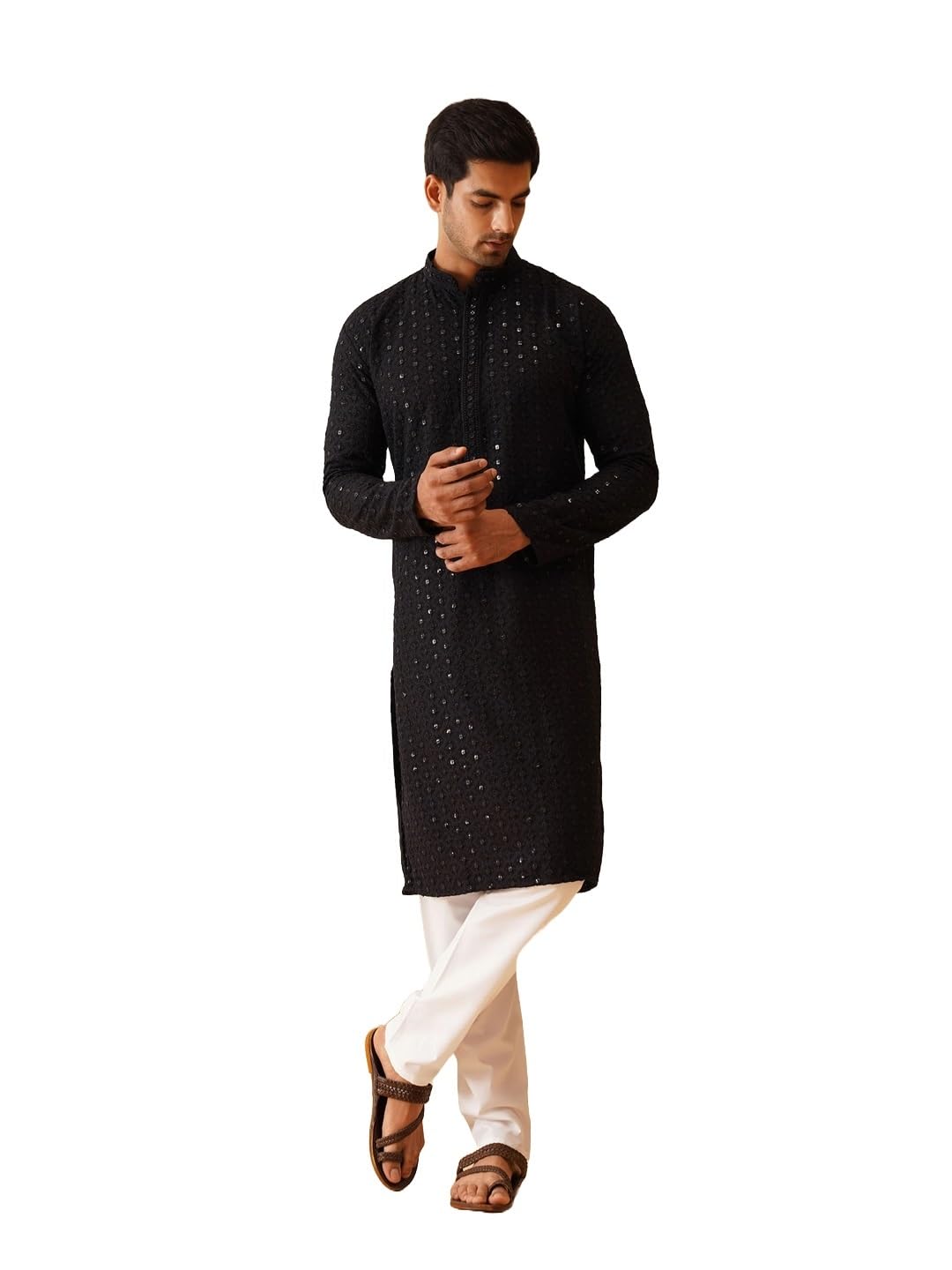 (Since 1958, Men's Pure Cotton Embroidered Sequined Kurta and White Pyjama Set-image-40